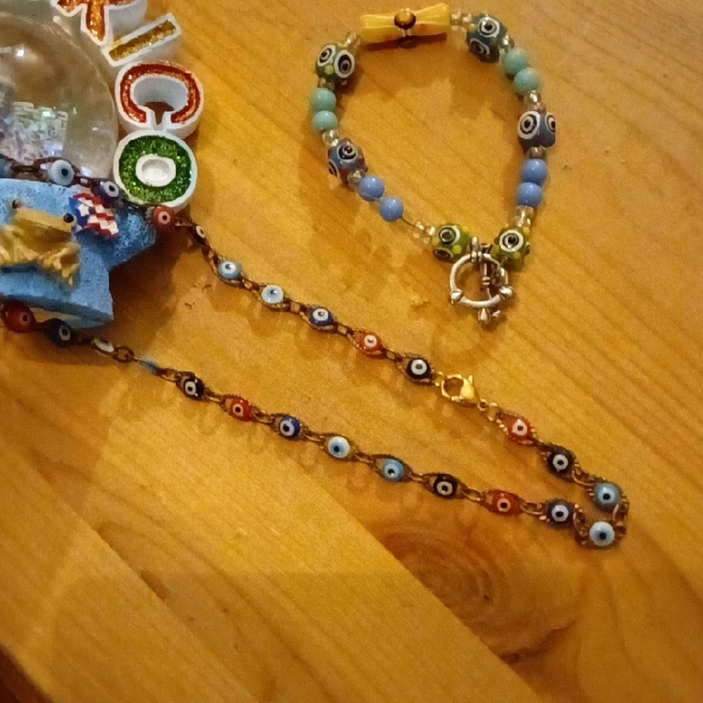 Multicolored Evil Eye Necklace and Bracelet Set